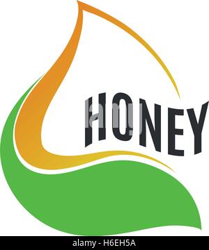 Isolated abstract honey drop in green leaf logo. Natural bee wax logotype. Vector golden organic product icon. Template for print or packing design. Vector illustration. Stock Vector