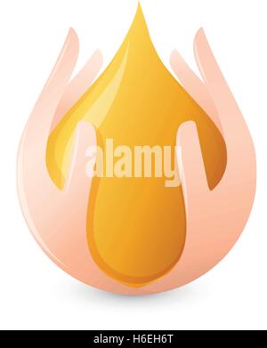 Isolated abstract honey drop in human palms logo. Natural bee wax logotype. Vector golden organic product icon. Olive or sunflower oil sign. Vector illustration. Stock Vector