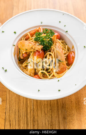 Prawn Pasta with Lobster bisque sauce Stock Photo