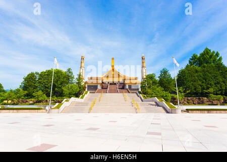 Centered wide angle horizontal view of courtyard and front steps of the World Shrine headquarters for Sukyo Mahikari religion on Stock Photo