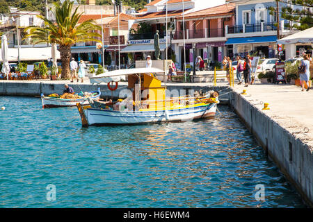 Brightly coloured fishing boat in the harbour at Sami on the Greek island of Kefalonia Stock Photo