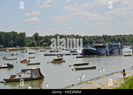 Ship and boats in the Sava River, Belgrade, Serbia Stock Photo