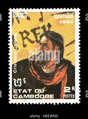 Postage stamp from Cambodia depicting Christopher Columbus. Stock Photo