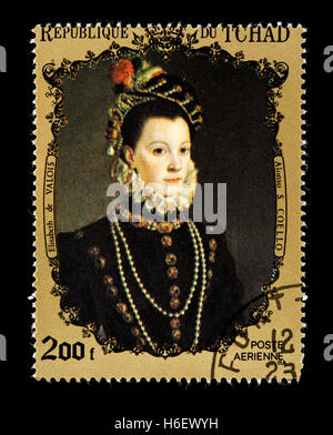 Postage stamp from Chad depicting the Coello painting of Elizabeth of Valois. Stock Photo
