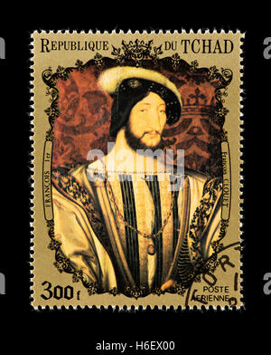 Postage stamp from Chad depicting the  François Clouet painting of  Francis I. Stock Photo