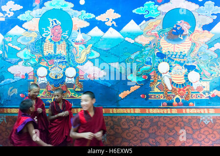 Young novice monks playing around in Paro Dzong. Stock Photo
