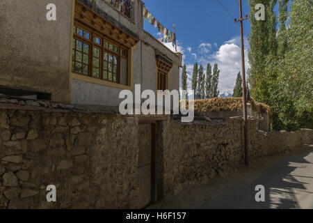 Typical architecture of dwellings in Leh.  Mud brick walls and straw drying on thr flat roof. Stock Photo