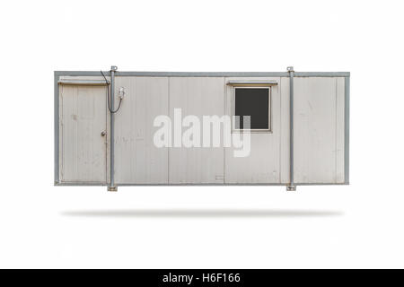 Side of gray container box office having one door and one black window isolated on white background. Stock Photo