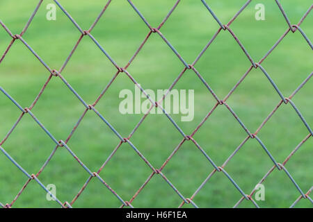 Close focus on pattern square wire wall covered by rust with blurry background of green grass yard. Stock Photo