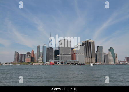 The Lower Manhattan skyline. as viewed from Governors Island, New York, United States. Stock Photo