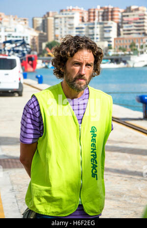 Greenpeace crew member of Rainbow Warrior III Vessel moored in port of Malaga, Andalusia, Spain. Stock Photo