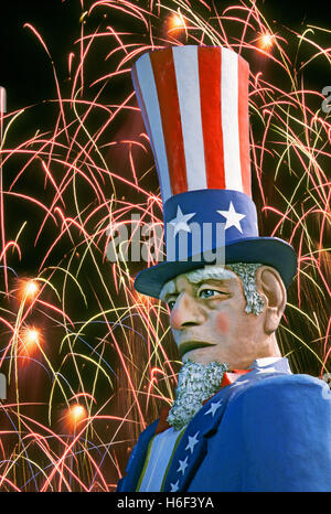 July 4, 2016: A portrait of uncle Sam during a fireworks show on the Fourth of July. Stock Photo