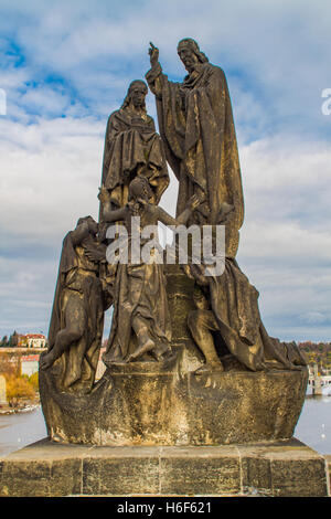 Statues of St Cyril and St Methodius on Charles Bridge in Prague, Czech Republic Stock Photo