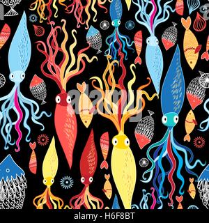 Multicolored pattern of different squid and fish on a black background Stock Vector