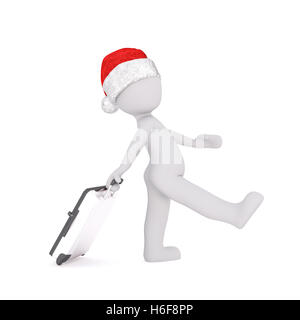 3D rendered figure in red and white Christmas hat pulling suitcase with him over isolated background Stock Photo