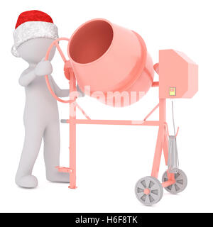 Little 3D figure in red hat using pink cement mixer with motor and wheels over white background Stock Photo