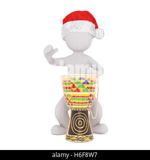 Single 3D rendered figure in red and white Christmas holiday hat playing a colorful African style drum over isolated background Stock Photo