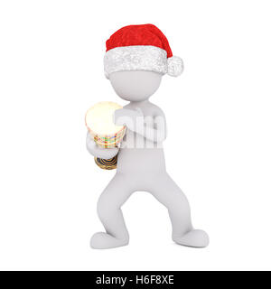 Little single 3D rendered figure in red and white Santa Claus hat playing a drum over isolated background Stock Photo