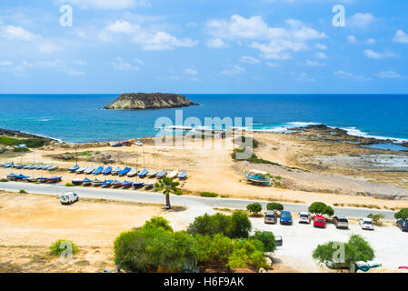 Yeronisos island and the Paphos coast next to the Ayios Georgios archaeological area, Pegeia, Cyprus. Stock Photo