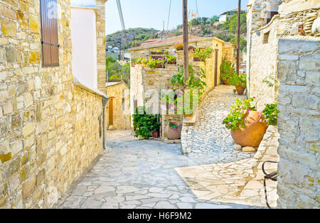 The narrow streets of the mountain village Kato Drys, decorated with flowers in pots, Cyprus. Stock Photo
