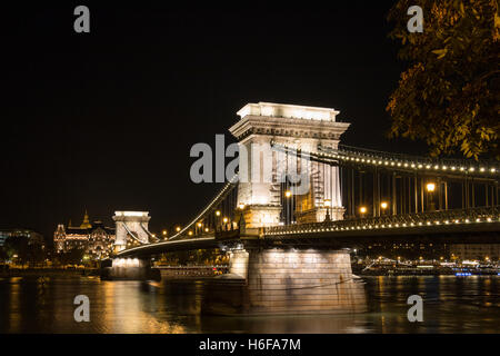 The famous Chain Bridge in budapest Hungary at night time Stock Photo