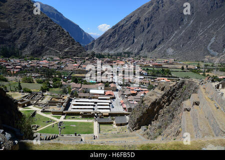Aerial view of Ollantaytambo from atop the Inca ruins that overlook the town by the same name. Stock Photo