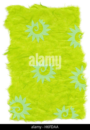 Texture of blue polka dots embedded in yellow-green rice paper with a pattern of an abstract shape decorating its surface, as we Stock Photo