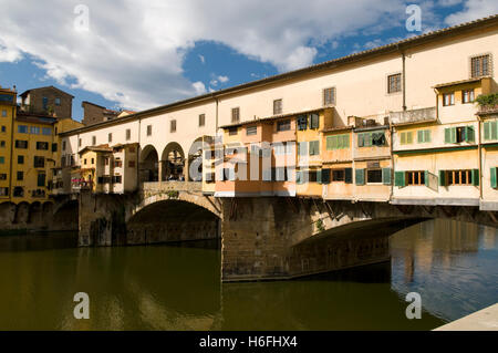 Shops on the Ponte Vecchio, 14th century bridge over the Arno river, Florence, Tuscany, Italy, Europe Stock Photo