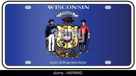 Wisconsin state license plate in the colors of the state flag with the flag icons over a white background Stock Vector