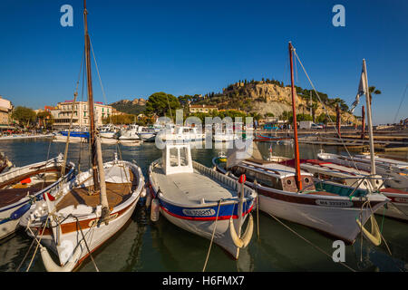 Fishing boats at fishing port, Marina, old harbour Village of Cassis Bouches-du-Rhone, Provence Alpes Cote d'Azur French Riviera Stock Photo