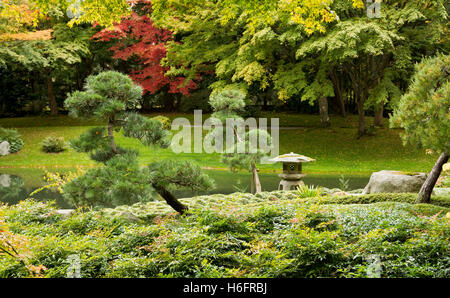 Autumn in Nitobe Memorial Garden in Vancouver. A traditional Japanese garden with ponds, stone lantern, shrubs, and trees. Stock Photo