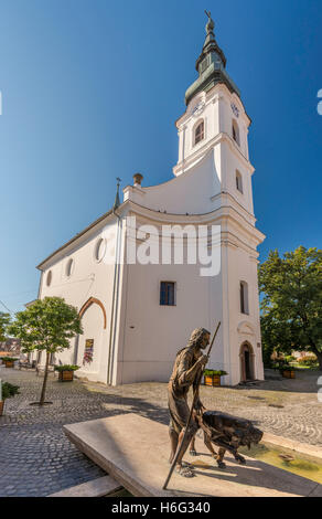 Statue of St Roch, by Kalman Veres, 2002, Saint Roch Parish Church, former mosque, 16th c, at Zrinyi ter, in Szigetvar, Hungary Stock Photo