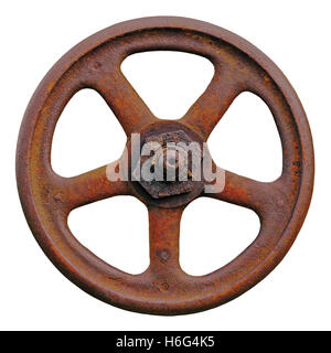 Industrial Valve Wheel And Rusty Stem, Old Aged Weathered Rust Grunge Latch Macro Closeup Isolated Stock Photo