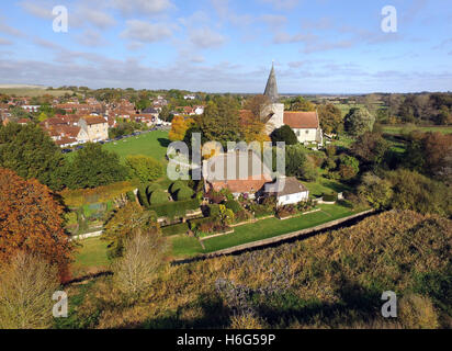 Aerial view of Alfriston Chucrh (St Andrews) and the NT Clergy House (the first property owned by the National Trust) Stock Photo