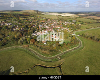 Aerial view of Alfriston Village, East Sussex, and the Cuckmere River winding through the South Downs National Park, Stock Photo