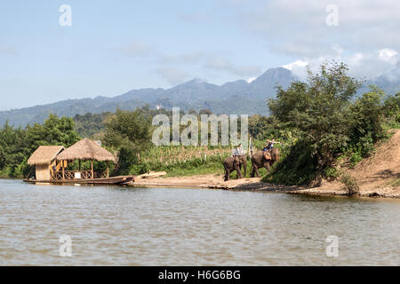 Asian(Asiatic)elephant,Elephas maximus,crossing Nam Khan river,houseboat,ElephantVillage,Ban Xieng Lom,Luang Prabang,Laos Stock Photo