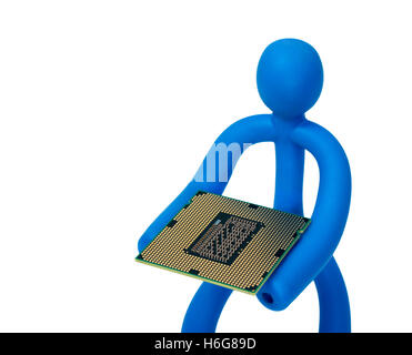 Blue rubber man keeps the processor isolated on white background Stock Photo