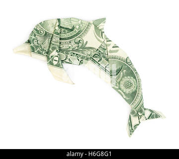 Dollar origami dolphin isolated on white background. Moneygami. Stock Photo