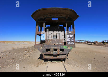 Graveyard of rusty old trains in Uyuni, Bolivia Stock Photo