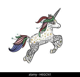 Mythical Unicorn in a magical animal doodle style vector. Decorative design for coloring books for adults and children. Stress a Stock Vector