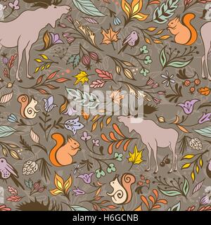 Seamless eco nature texture with sketch leaves and animals on brown background Stock Vector