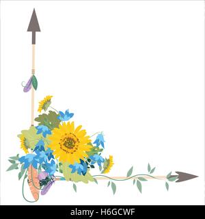 Flower arrangement with sunflowers kolokolchiklm arrows. Greeting card with flowers sunflower. Decorative arrows with feathers o Stock Vector