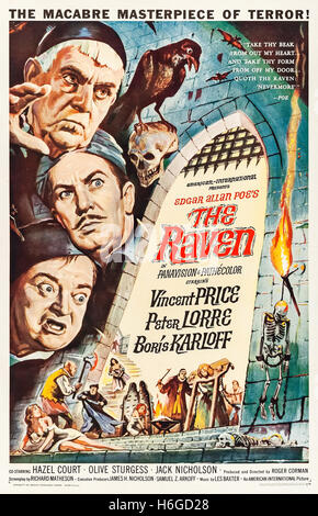 The Raven (1963) directed by Roger Corman and starring Vincent Price, Peter Lorre and, Boris Karloff. A magician transformed into a raven seeks the help of a wizard. A comedy loosely based on ‘The Raven’ by Edgar Allan Poe. Stock Photo