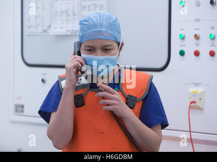 A nurse in scrubs check a patients' records on the phone in a hospital operating theatre during an operation Stock Photo