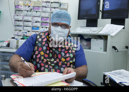 A hospital nurse wearing scrubs and a surgical mask in an operating theatre makes notes during an operation Stock Photo