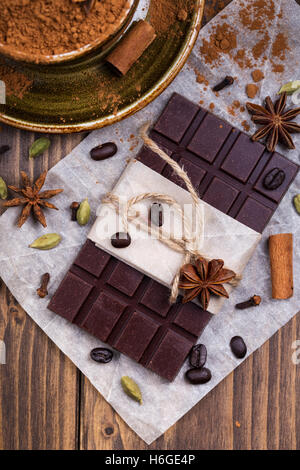 Spicy chocolate bar with coffee beans Stock Photo