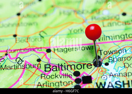Baltimore map. Baltimore pin map. Close up of Baltimore map with red ...