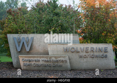 A logo sign outside of the headquarters of Wolverine Worldwide in