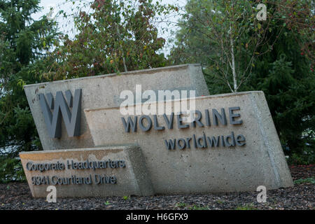 A logo sign outside of the headquarters of Wolverine Worldwide in