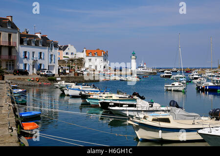 Port of Sauzon on the island of Belle Ile in the Morbihan department in Brittany in north-western France. Typical buildings Stock Photo